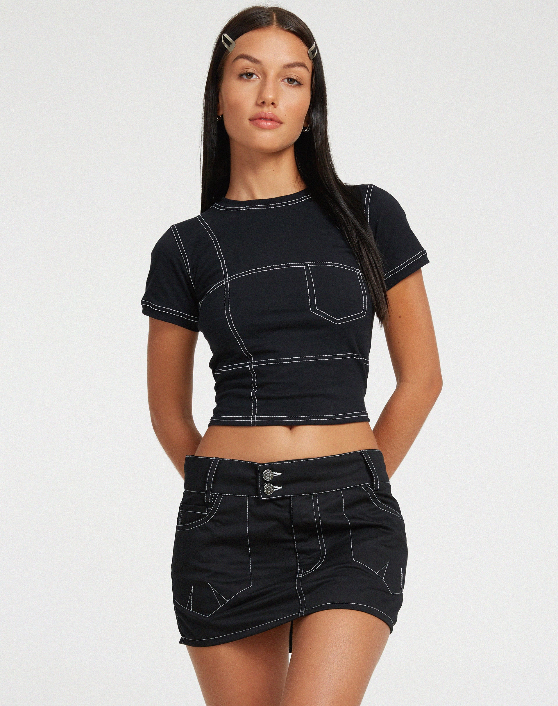 Shyla Cropped Tee in Black with White Stitch - Image 2