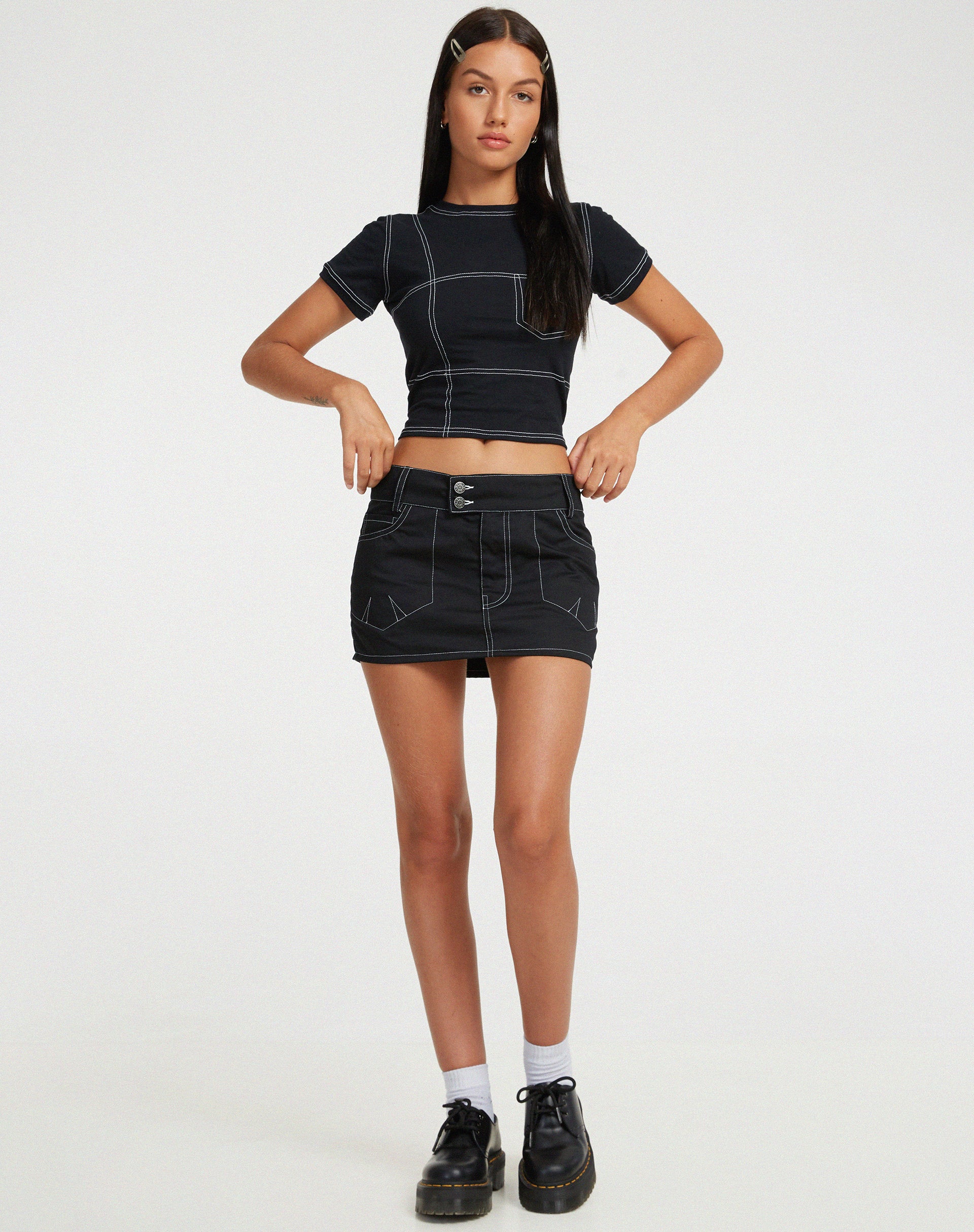 Shyla Cropped Tee in Black with White Stitch - Image 4