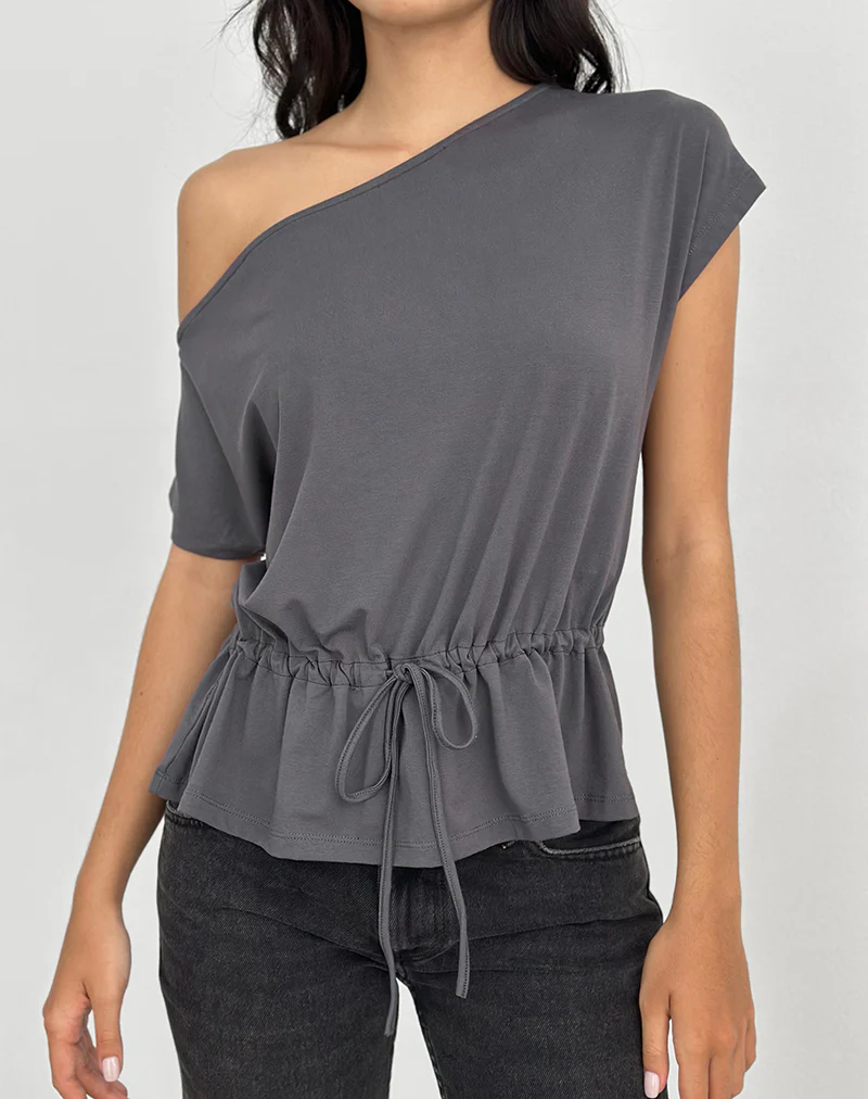 Sika One Shoulder Top in Charcoal Grey with Tie Belt - Image 2