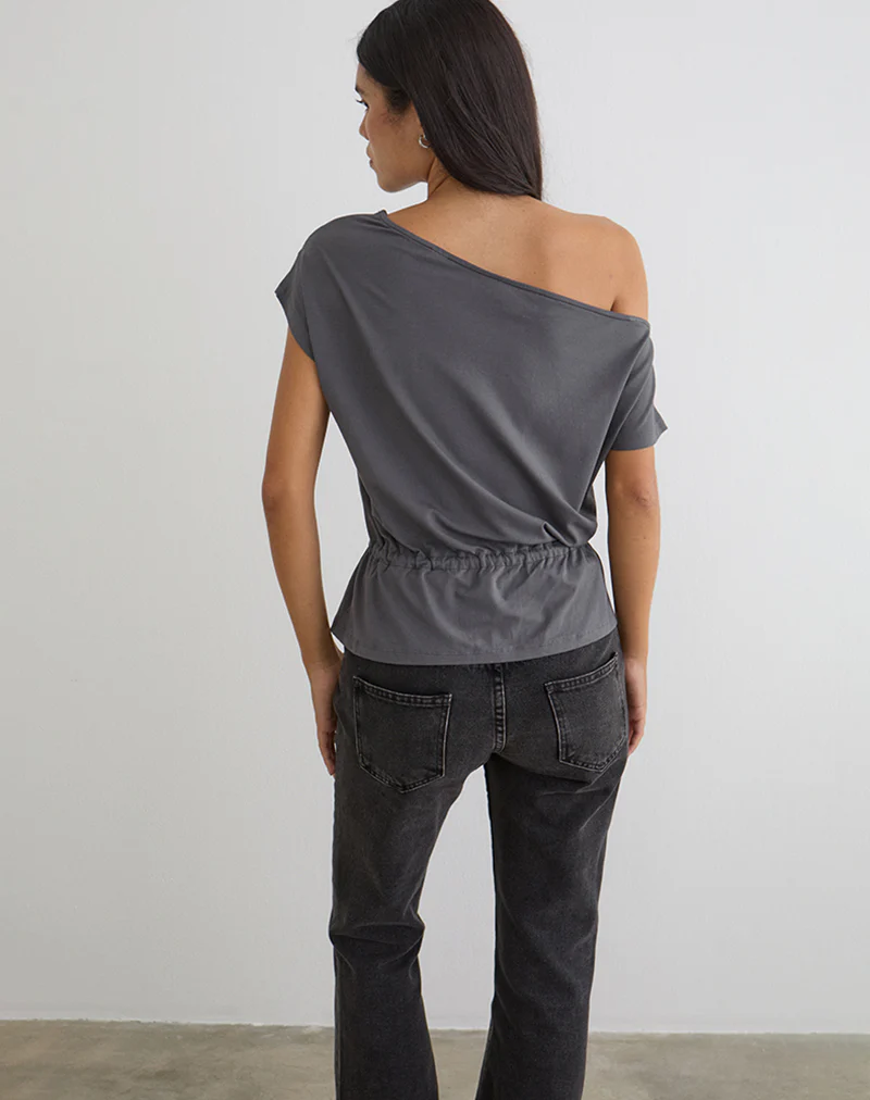Sika One Shoulder Top in Charcoal Grey with Tie Belt - Image 3