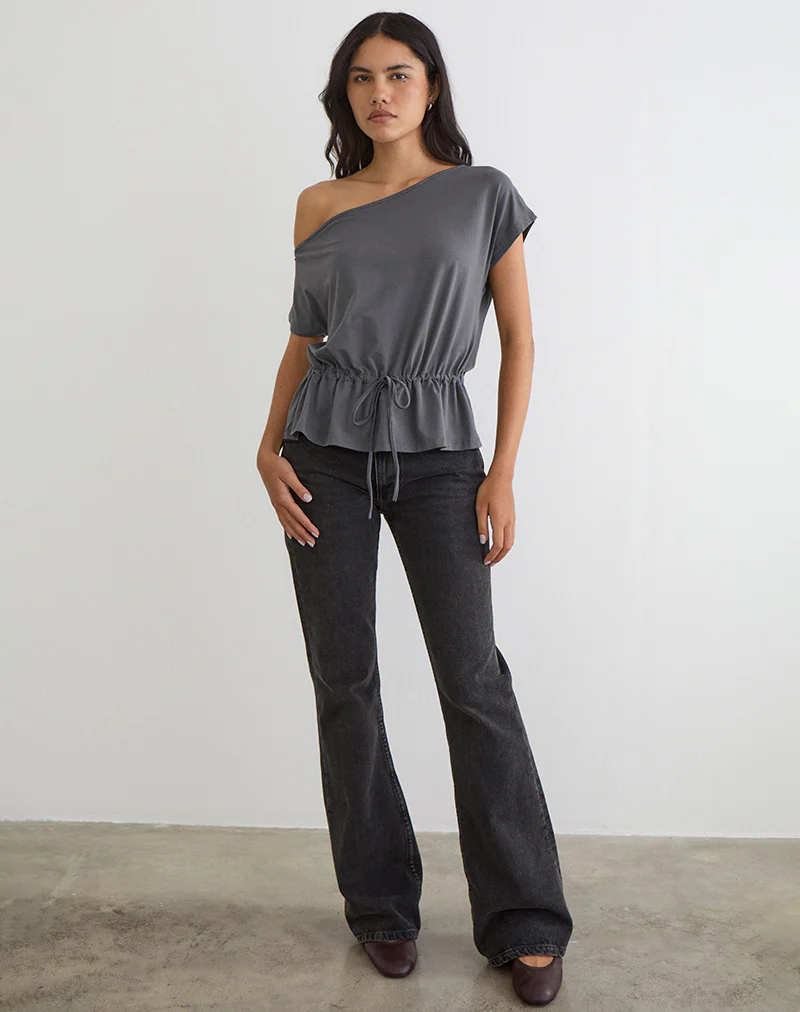 Sika One Shoulder Top in Charcoal Grey with Tie Belt - Image 4