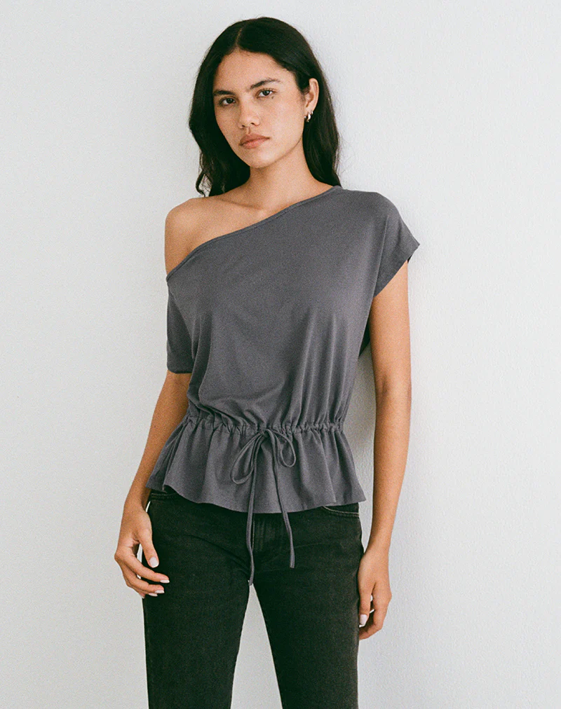 Sika One Shoulder Top in Charcoal Grey with Tie Belt - Image 5