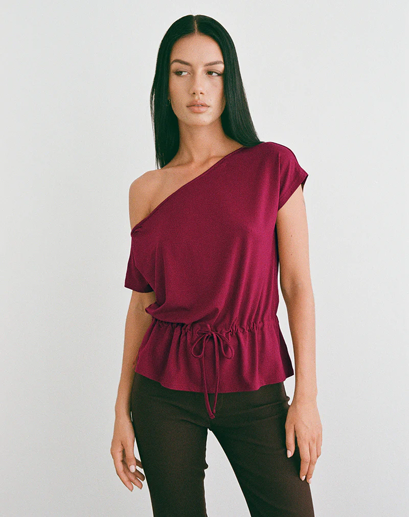 Sika One Shoulder Top in Burgundy with Tie Belt - Image 4