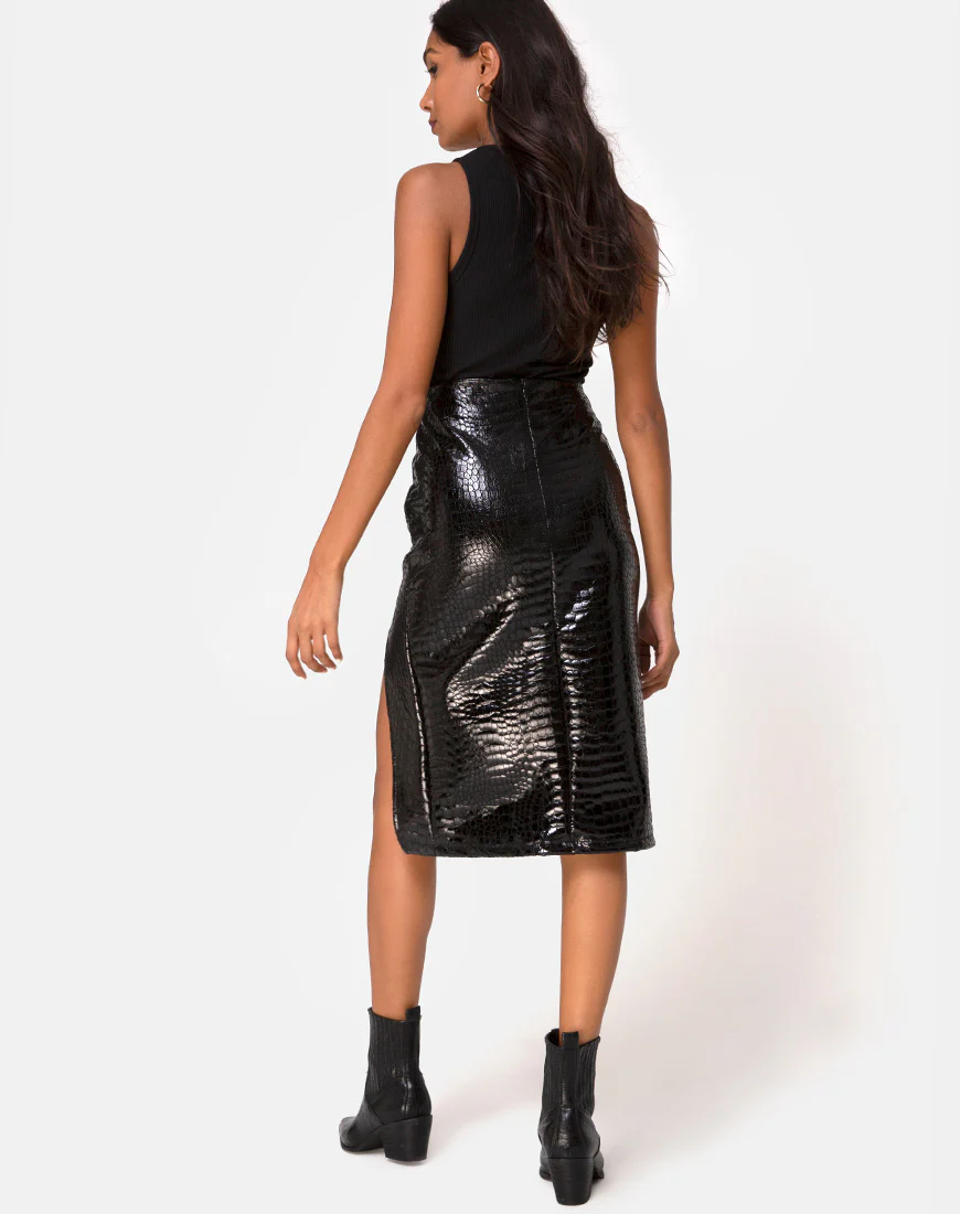 Sika Midi Skirt in PU Croco Black - Image 5