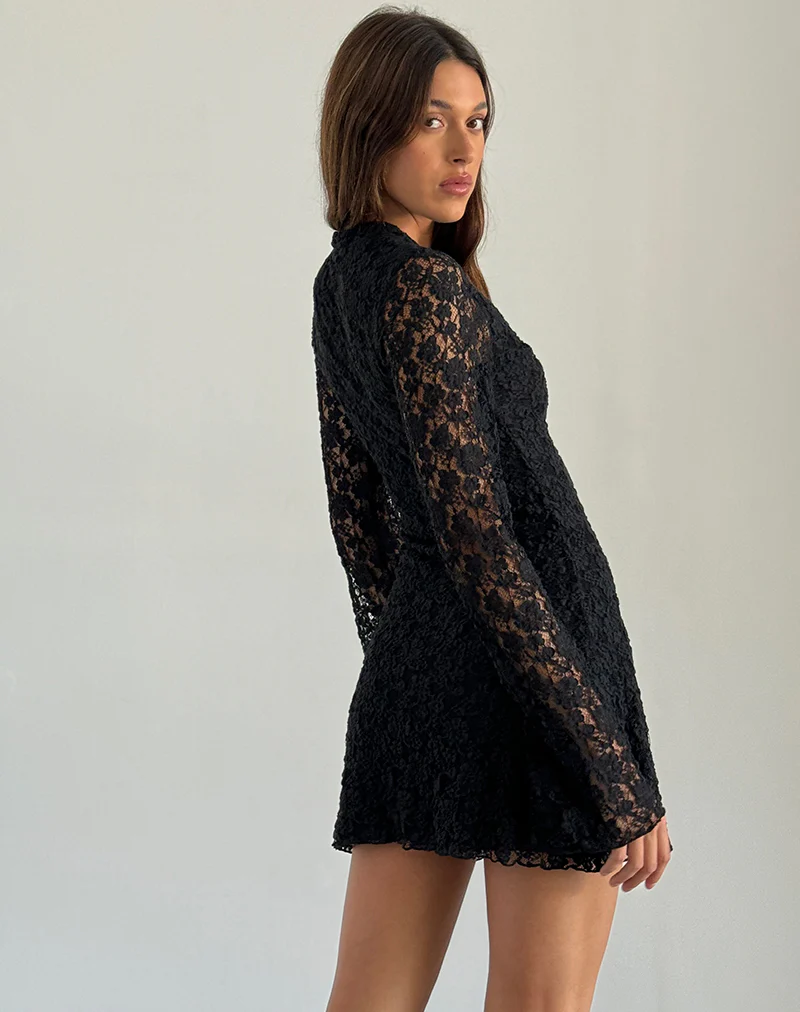 Silvanna Keyhole Mini Dress in Lace Black - Image 5