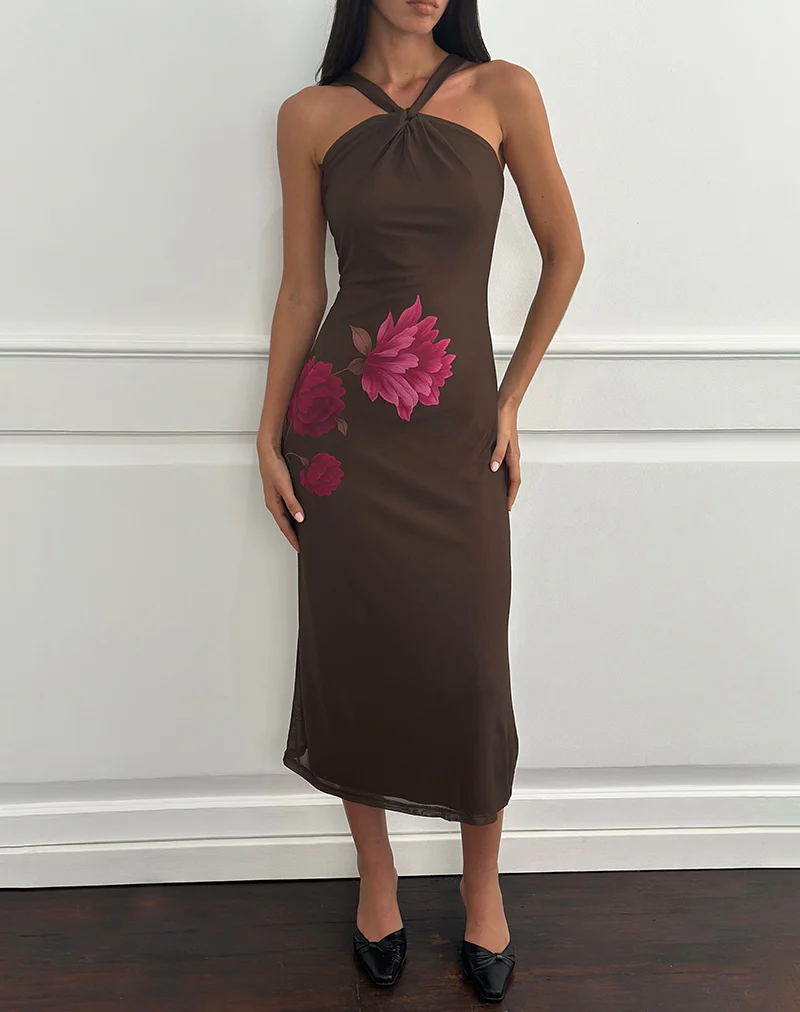 Silvra Halterneck Midi Dress in Brown with Pink Flower Print - Image 2