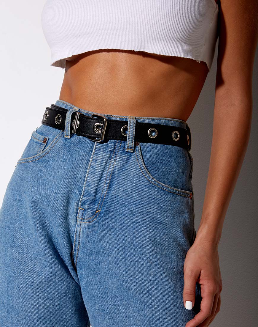 Single Eyelet Grommet Belt in PU Leather Black - Image 4