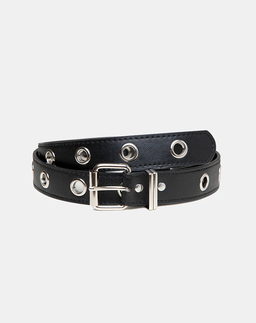 Single Eyelet Grommet Belt in PU Leather Black - Image 7