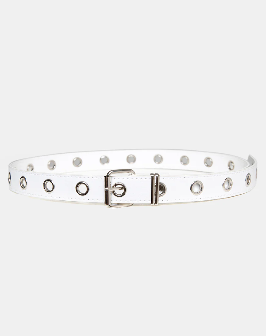 Single Eyelet Grommet Belt in PU Leather White - Image 4