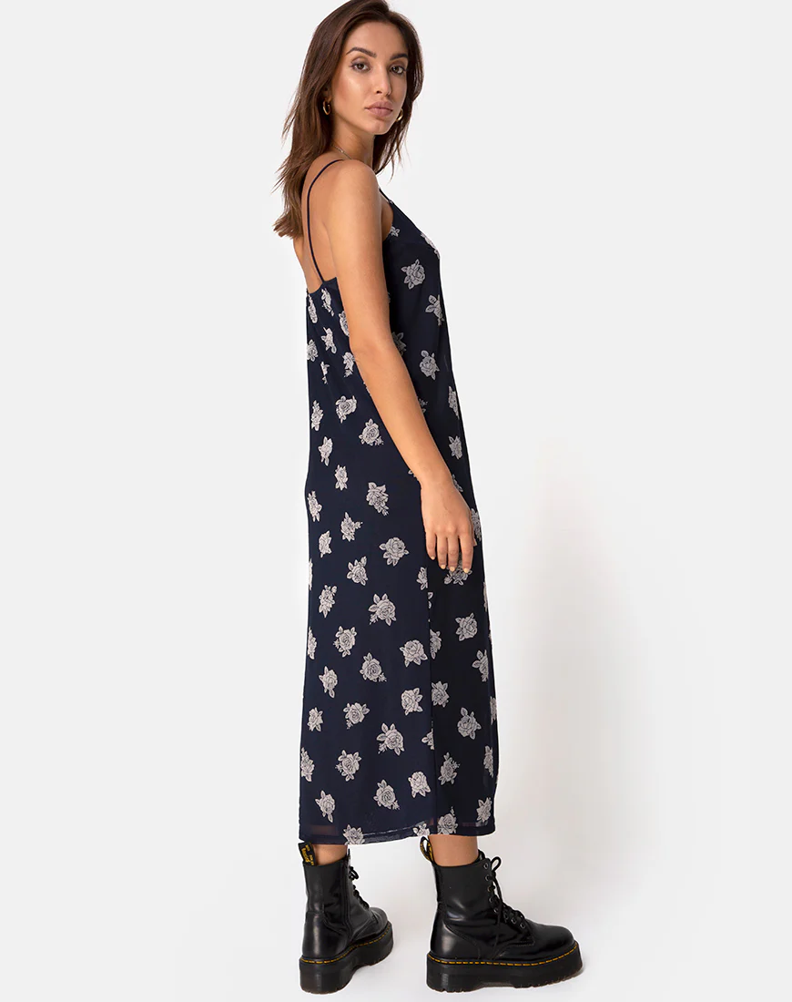 Sini Slip Midi Dress in Rose Flock Black Mesh - Image 2