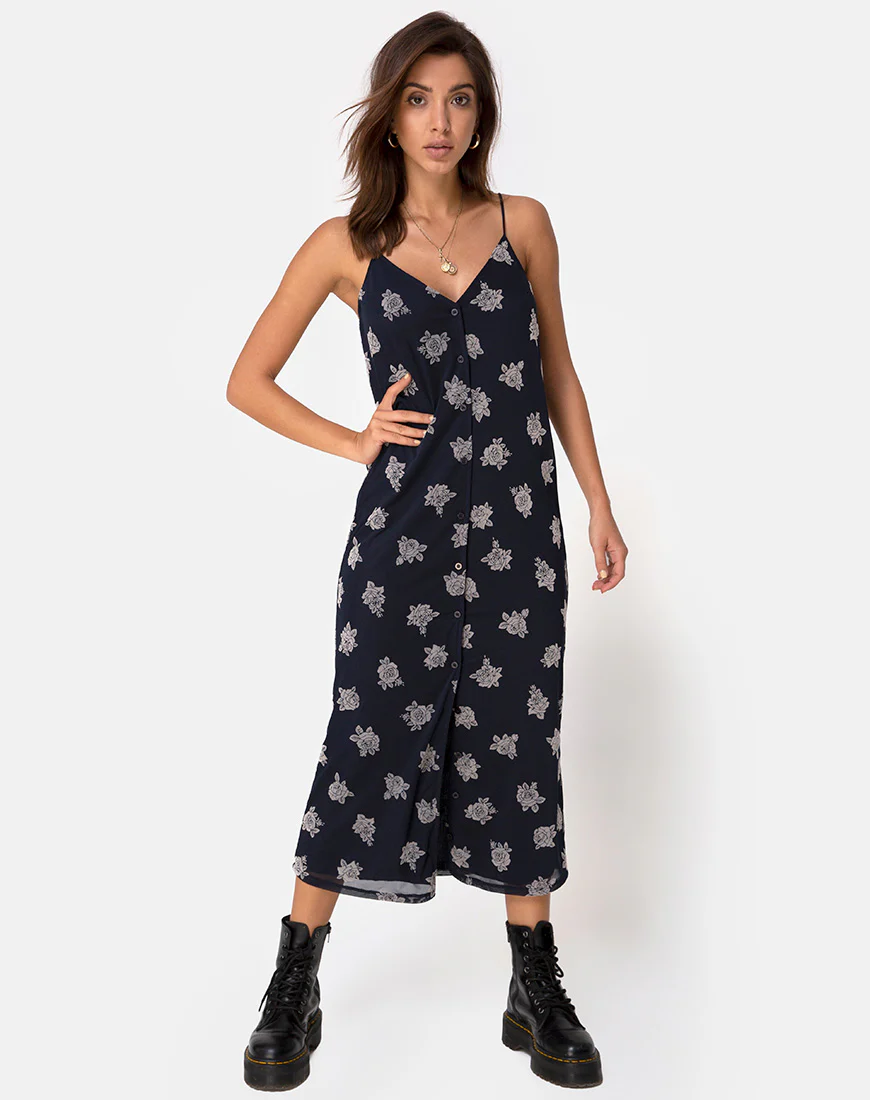 Sini Slip Midi Dress in Rose Flock Black Mesh - Image 3