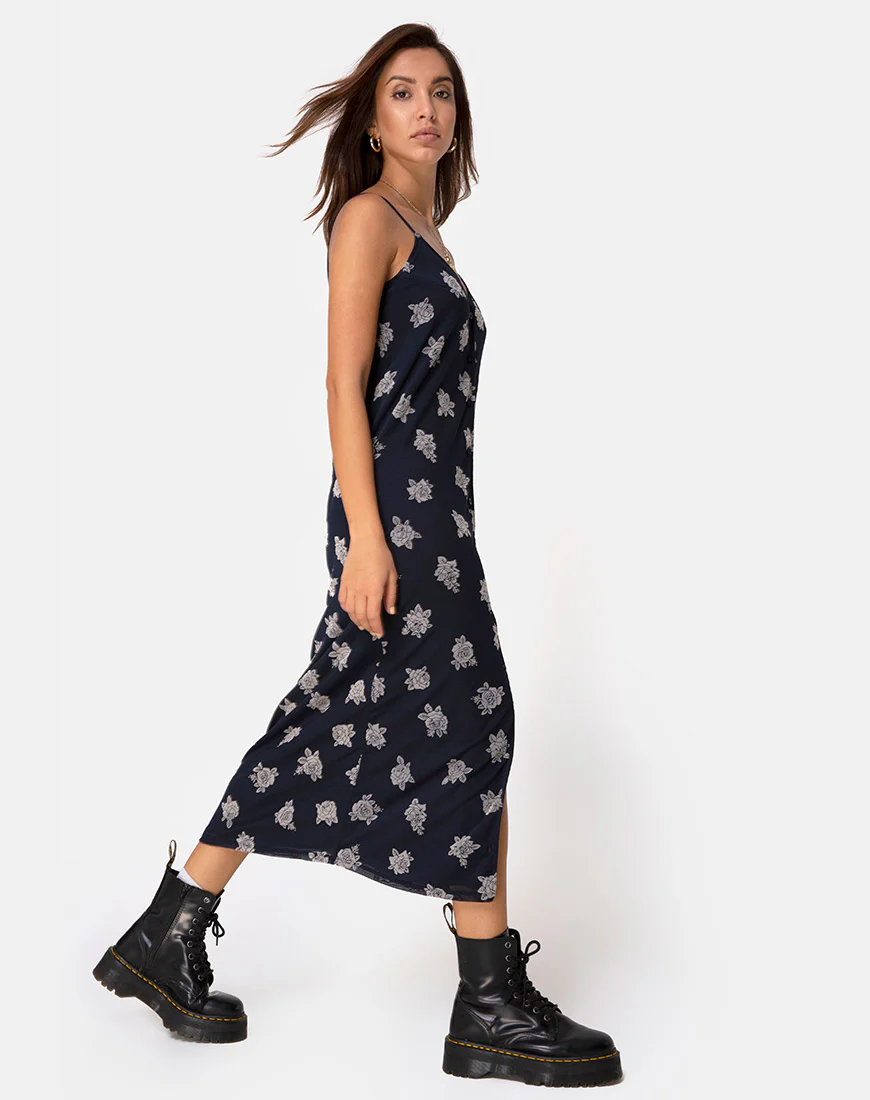 Sini Slip Midi Dress in Rose Flock Black Mesh - Image 4