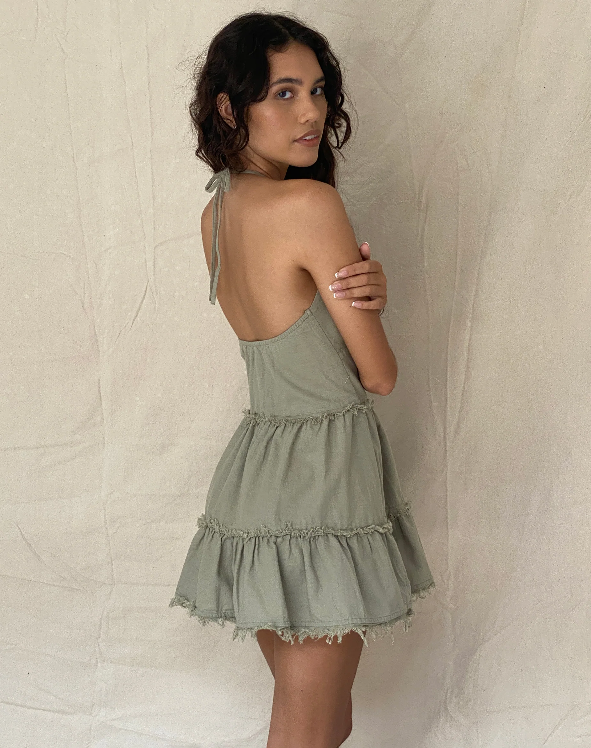 Siskae Tiered Halter Mini Dress in Slate Green Linen - Image 6