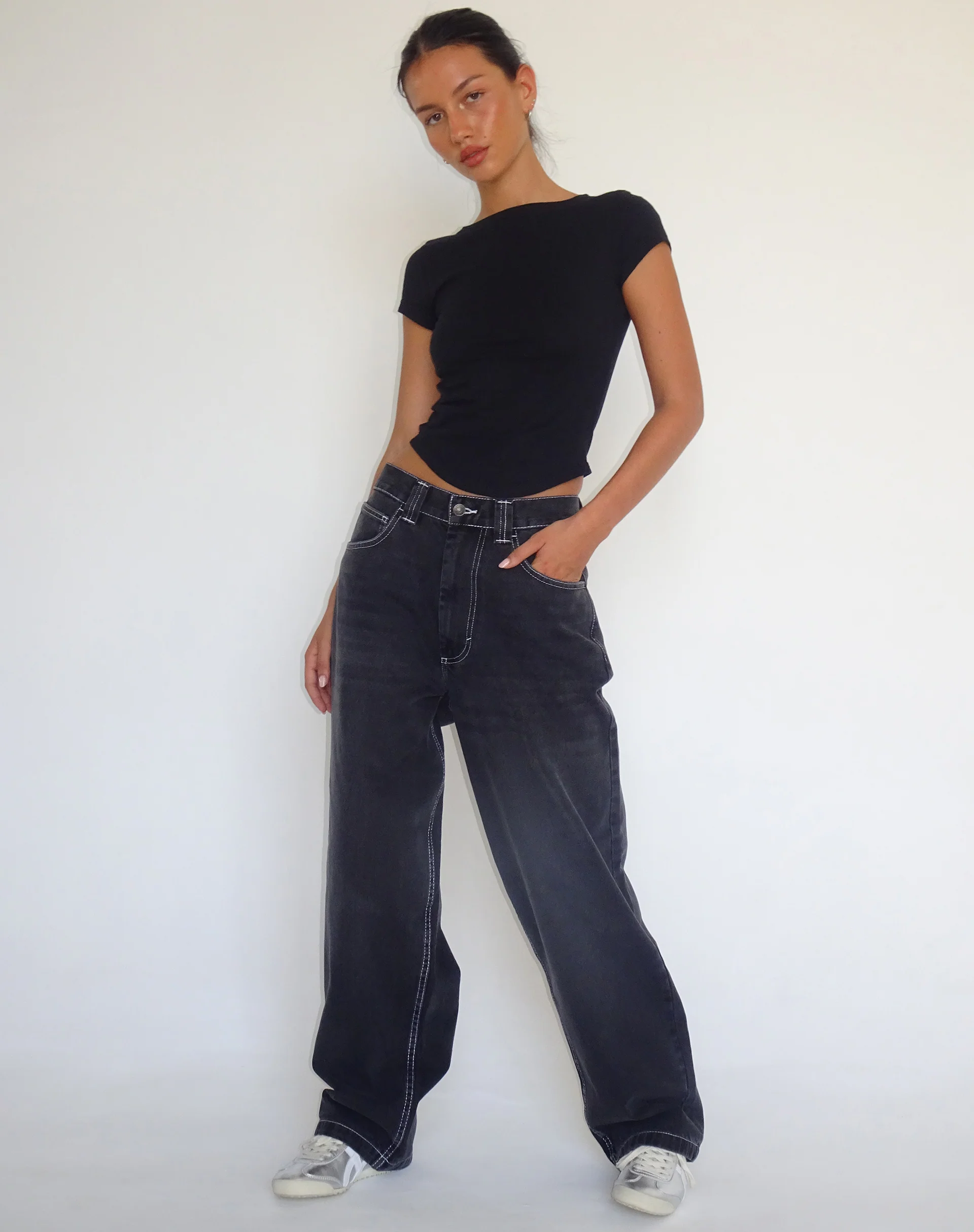 Skater Low Rise Jean in Vintage Black with White Top Stitch - Image 3