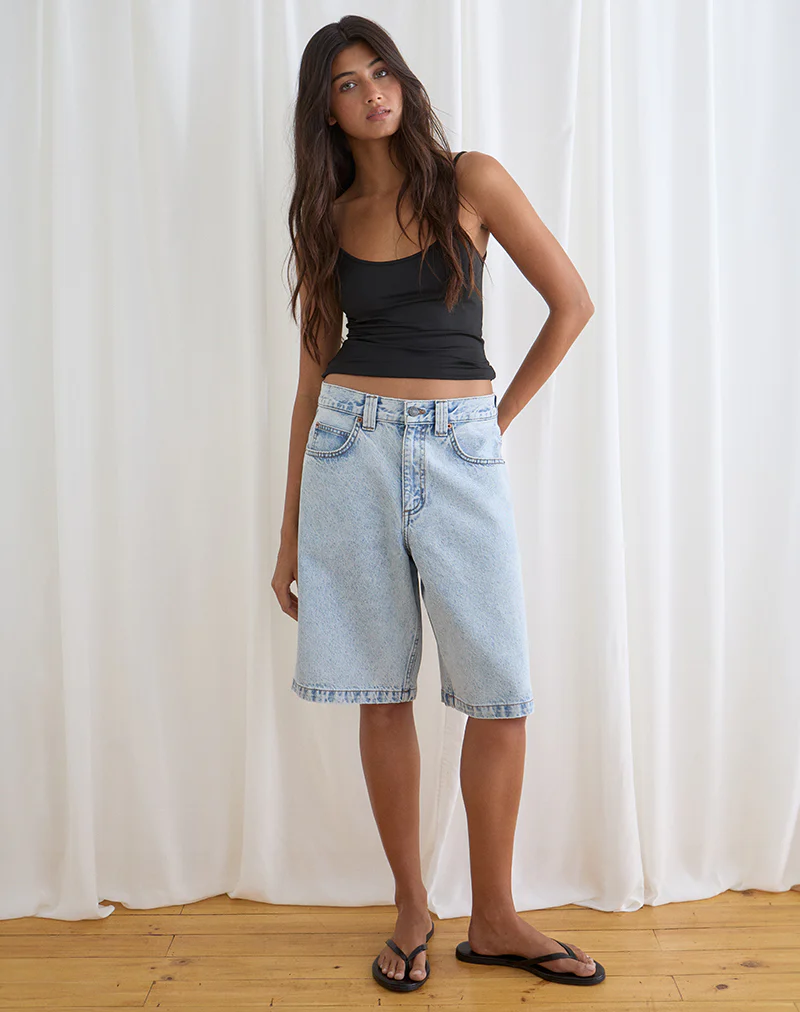 Low Rise Denim Skater Short in 80's Light Wash Blue