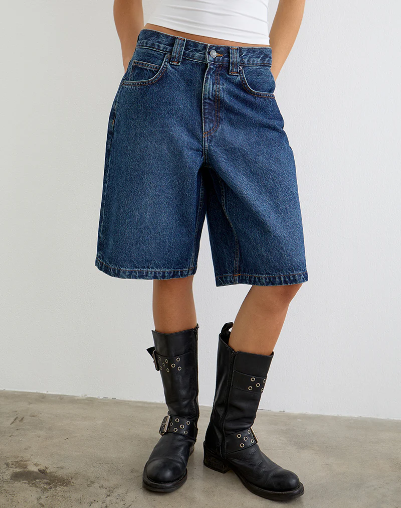 Low Rise Denim Skater Short in Mid Blue Used - Image 4
