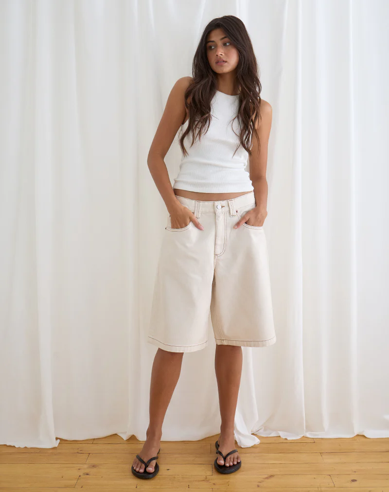 Low Rise Denim Skater Short in Off White - Image 4