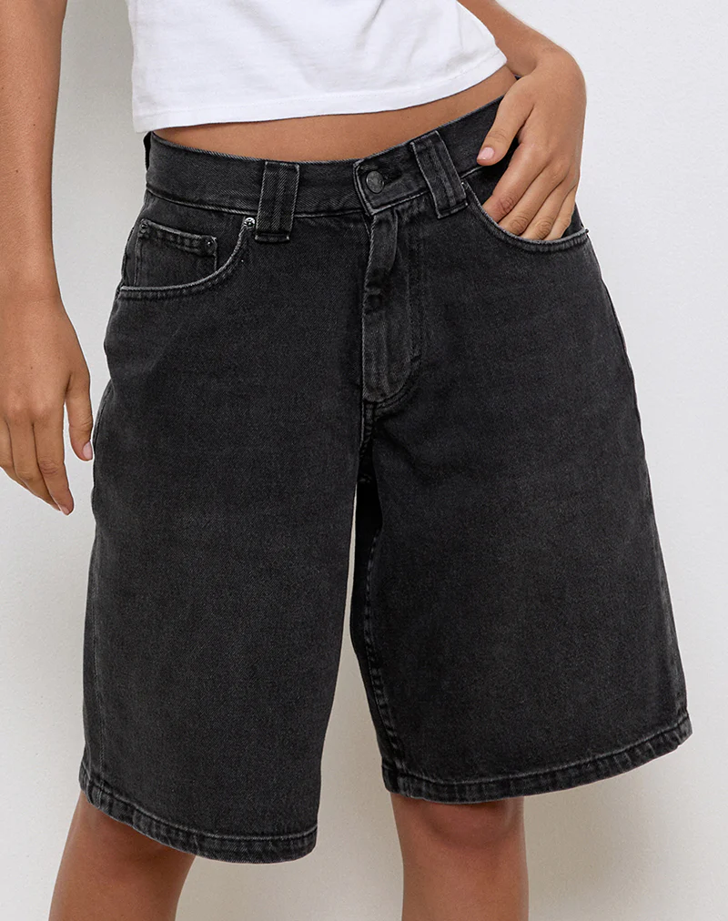 Low Rise Denim Skater Short in Washed Black Grey - Image 5