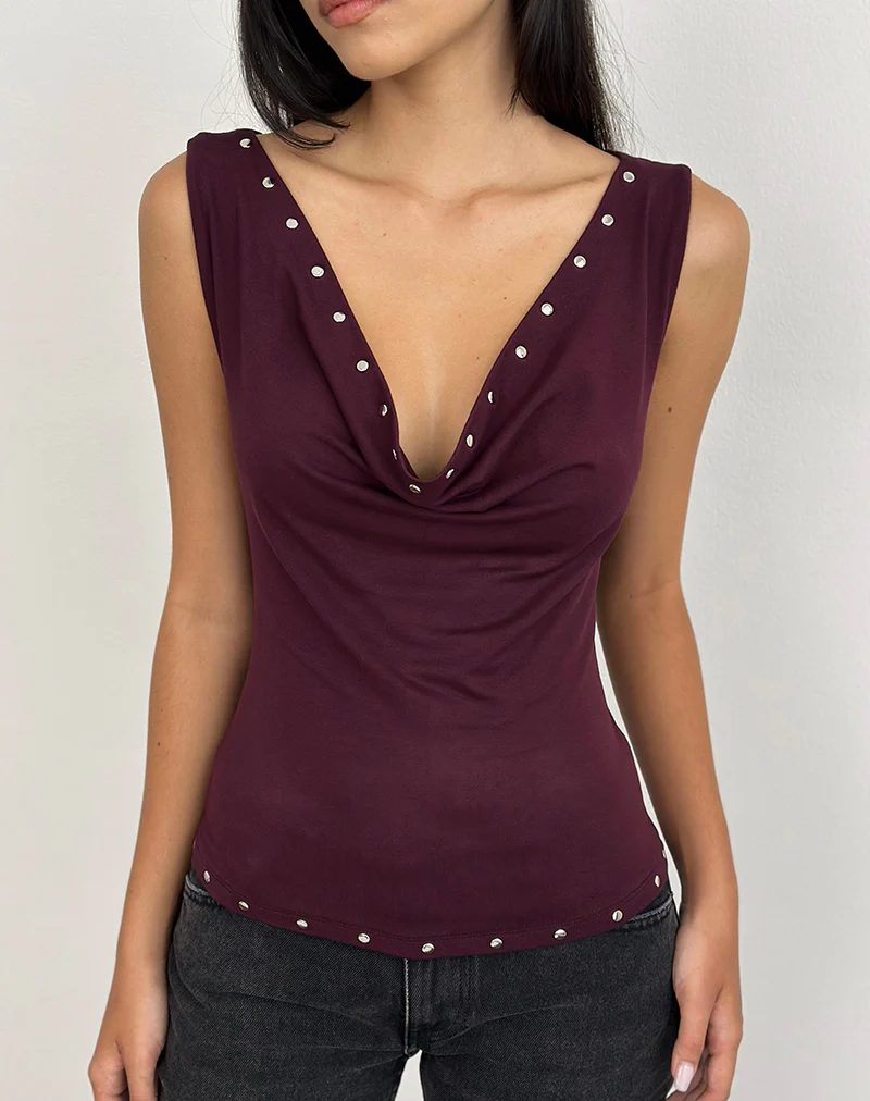 Slater Studded Top in Rayon Jersey Dark Plum