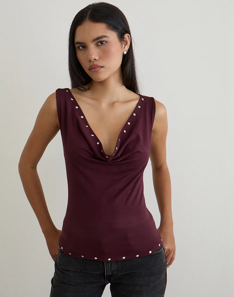 Slater Studded Top in Rayon Jersey Dark Plum - Image 2