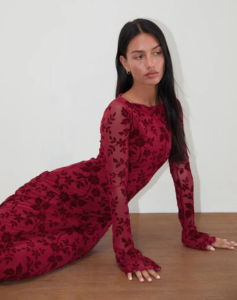 Slokya Long Sleeve Maxi Dress in Vine Floral Flock Cherry - Image 2