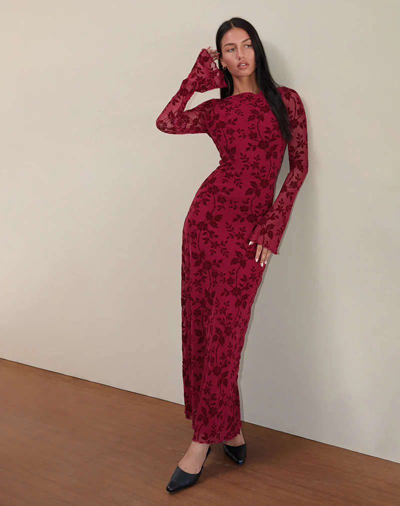 Slokya Long Sleeve Maxi Dress in Vine Floral Flock Cherry - Image 4