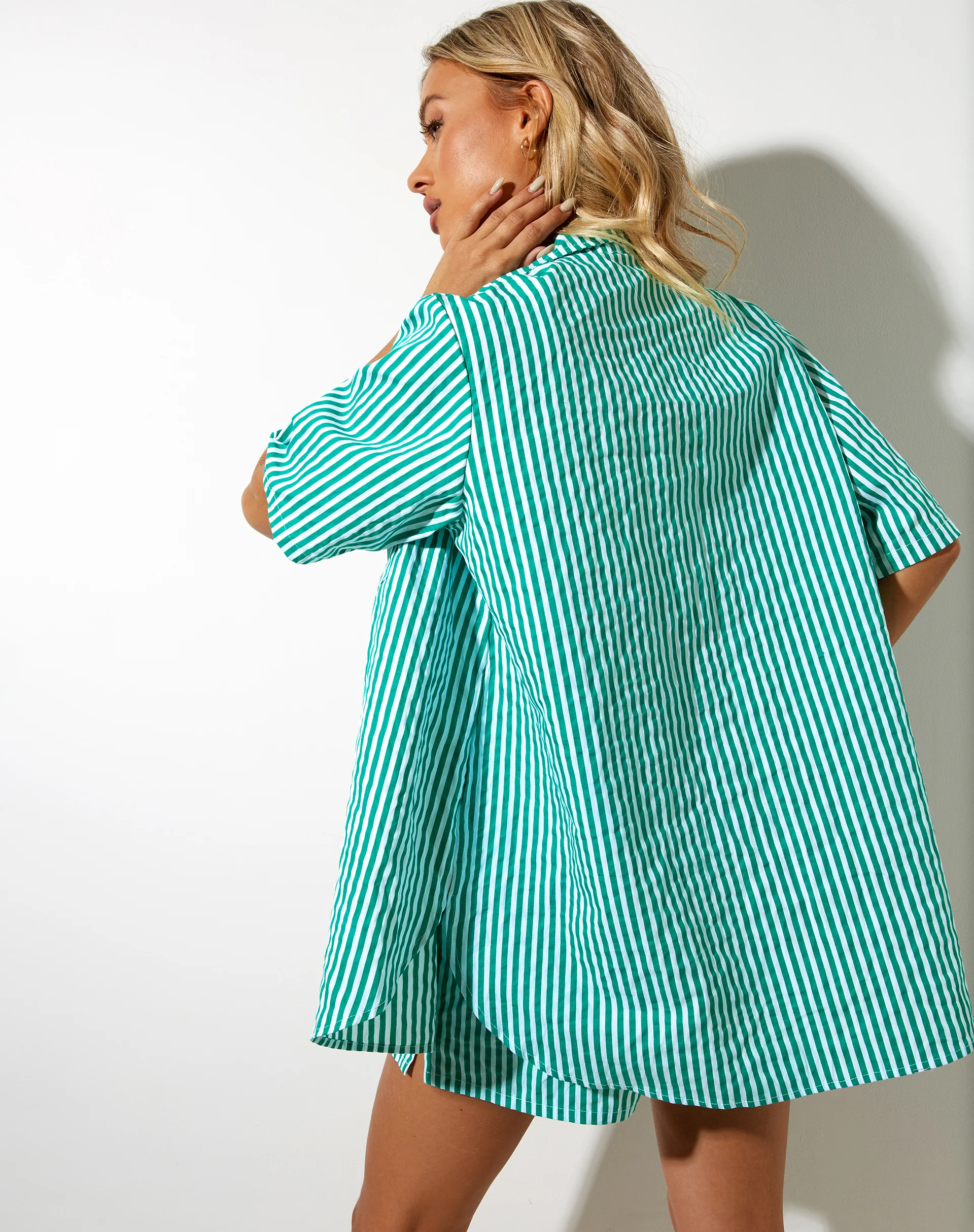 Smith Shirt in Vertical Stripe Green and White - Image 2