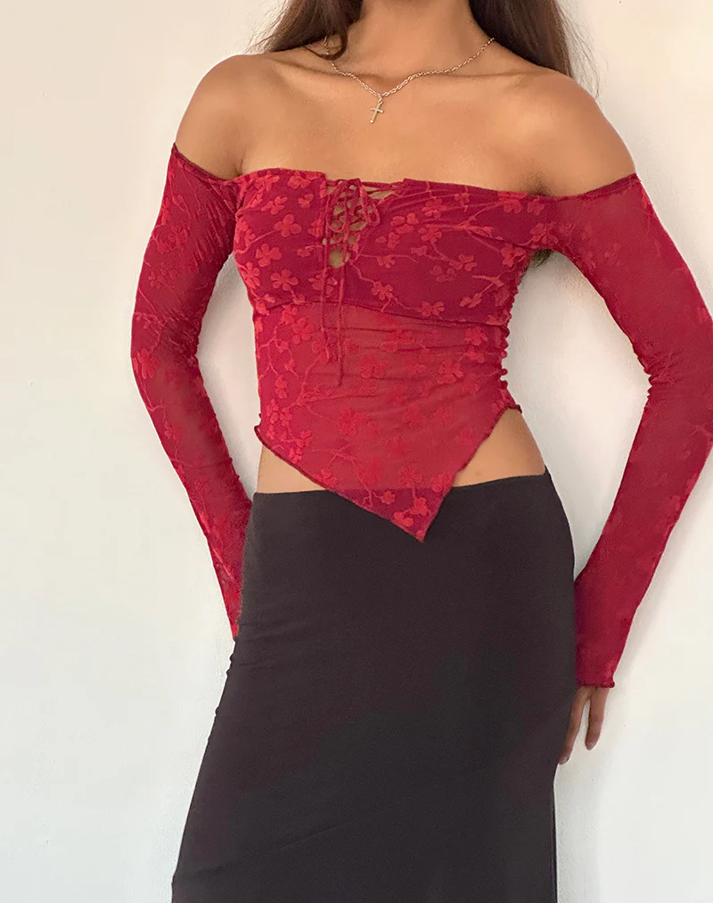 Sola Top in Grunge Floral Flock Red - Image 4