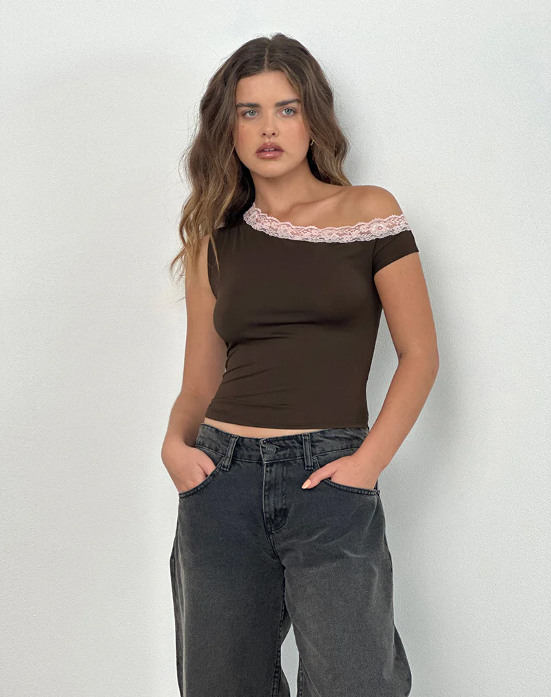 Soleh One Shoulder Top in Brown Slinky with Pink Lace - Image 2