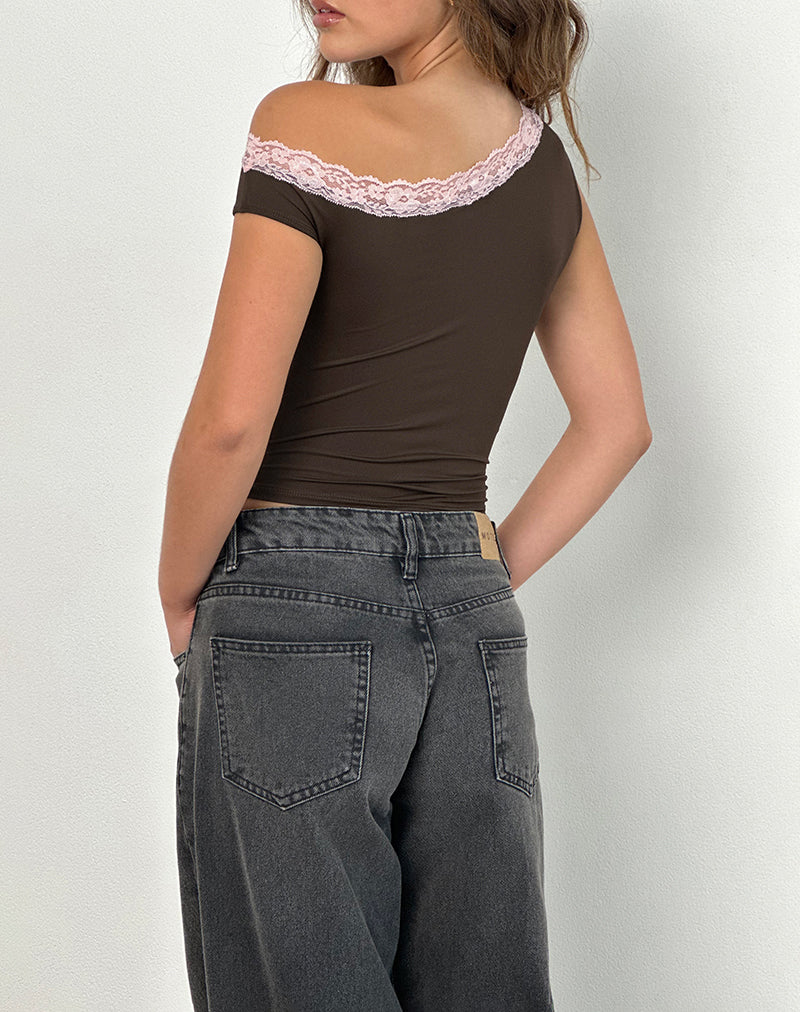 Soleh One Shoulder Top in Brown Slinky with Pink Lace - Image 3