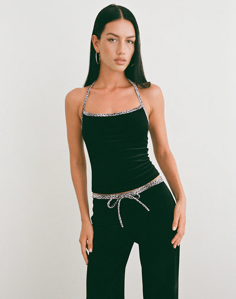 Solyn Halterneck Top in Black with Leopard Binding - Image 5