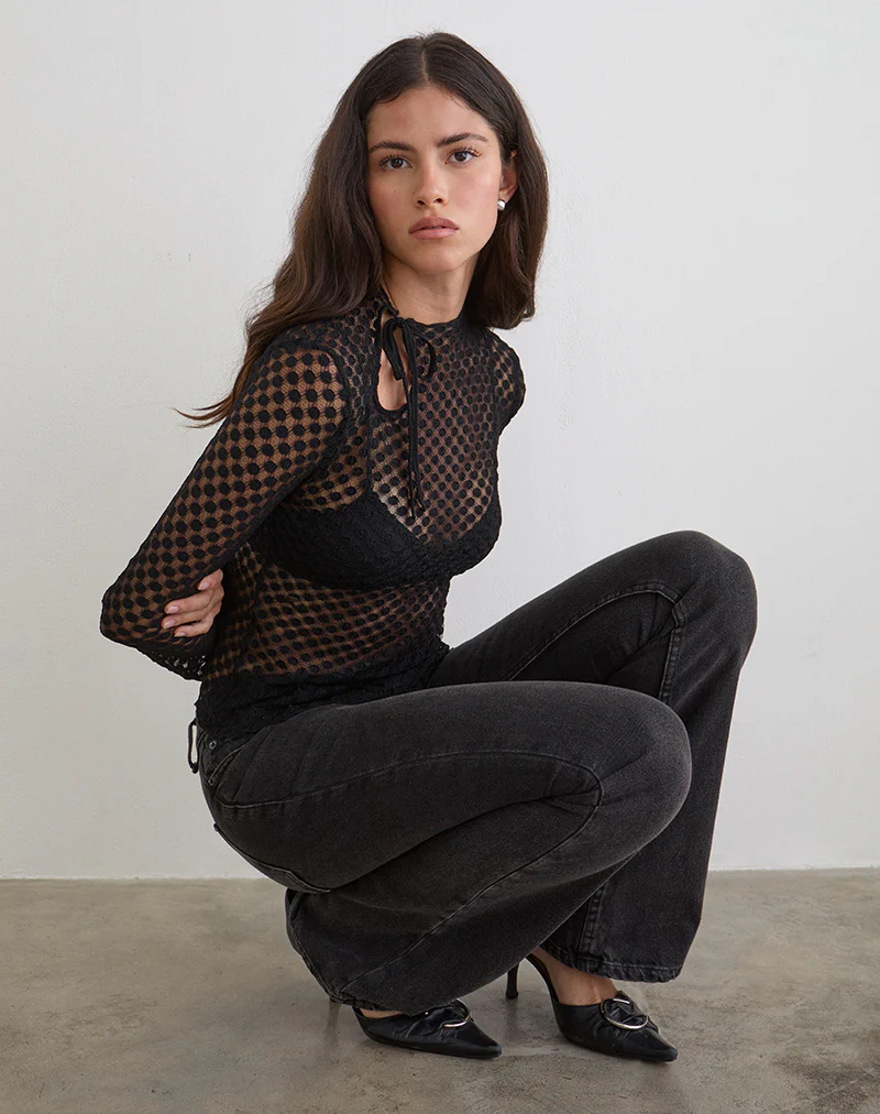 Sonam Long Sleeve Keyhole Top in Polka Lace Black - Image 4