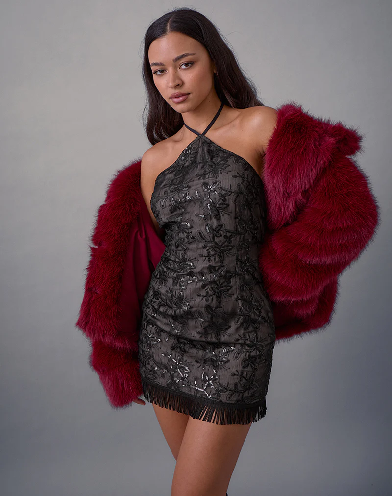 Soren Mini Dress in Floral Chiffon Sequin Black - Image 2