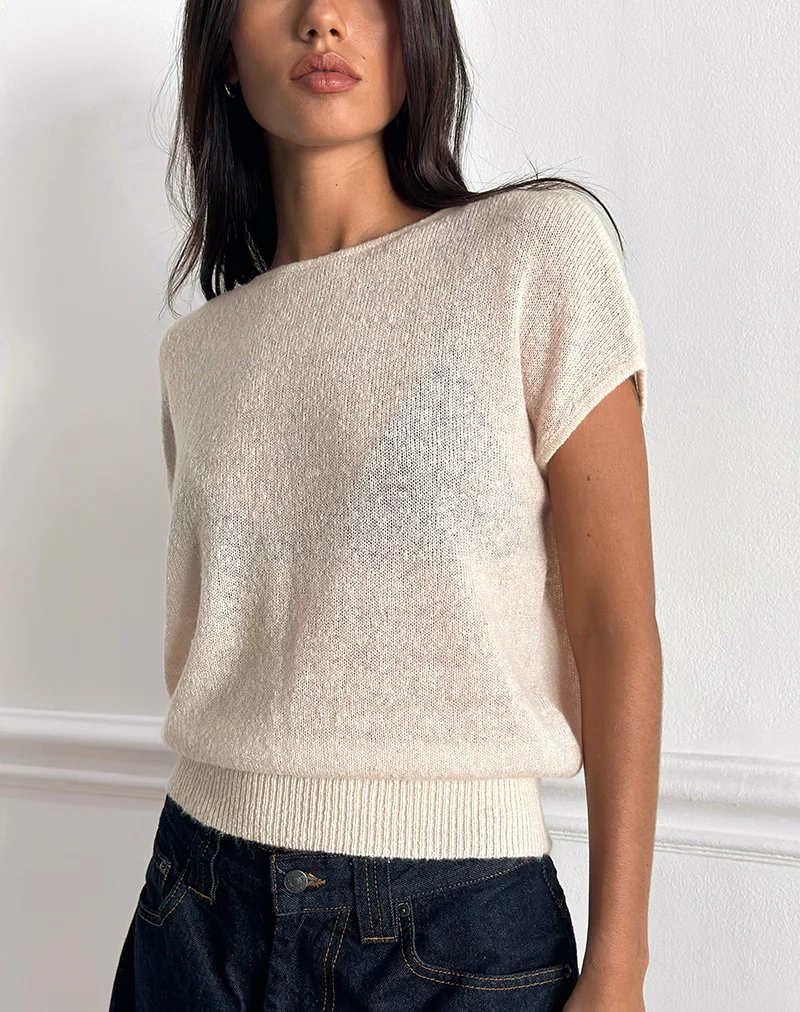 Sorin Deep Waistband Top in Knit Ecru - Image 5