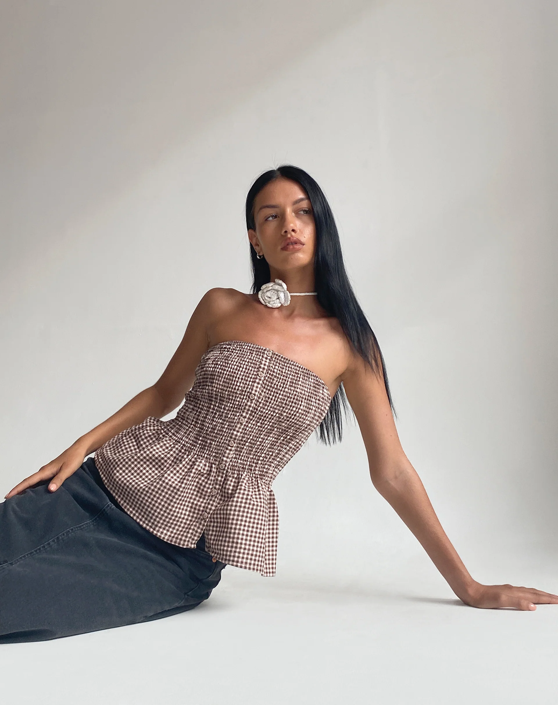 Soter Shirred Bandeau Top in Mini Gingham - Image 2
