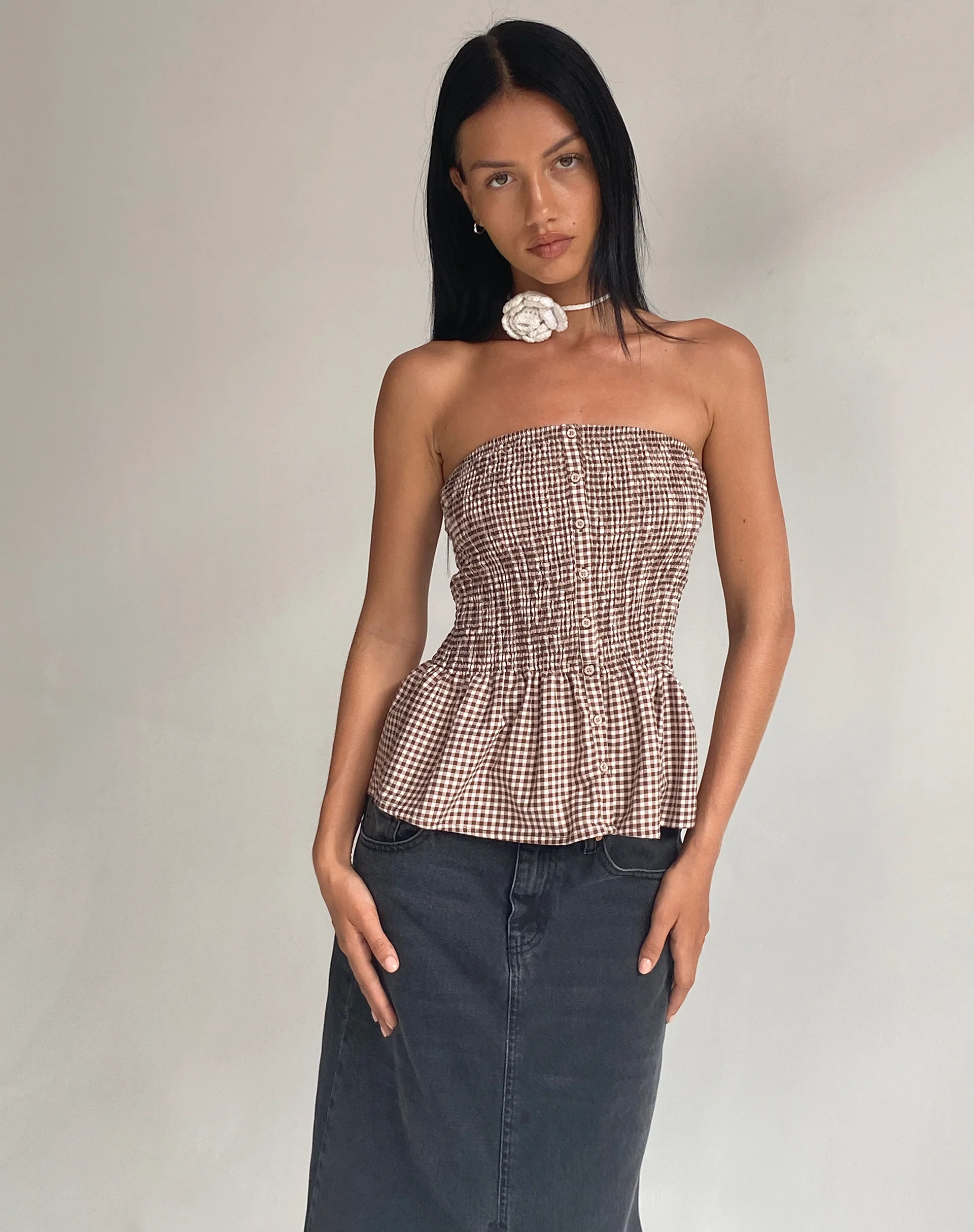 Soter Shirred Bandeau Top in Mini Gingham - Image 4