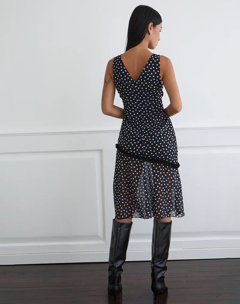 Sovira Midi Dress in Chiffon Black with Tiny Polka Print - Image 5