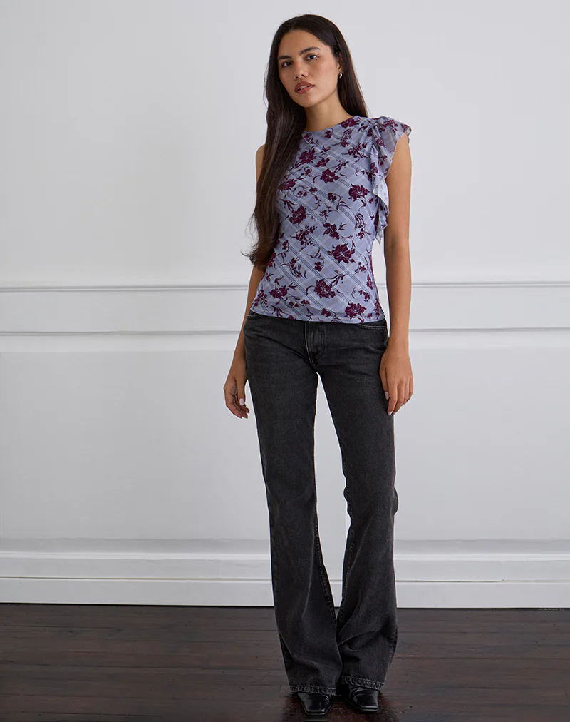 Soyan Asymmetrical Top in Lotus Flock Check Lavender - Image 3