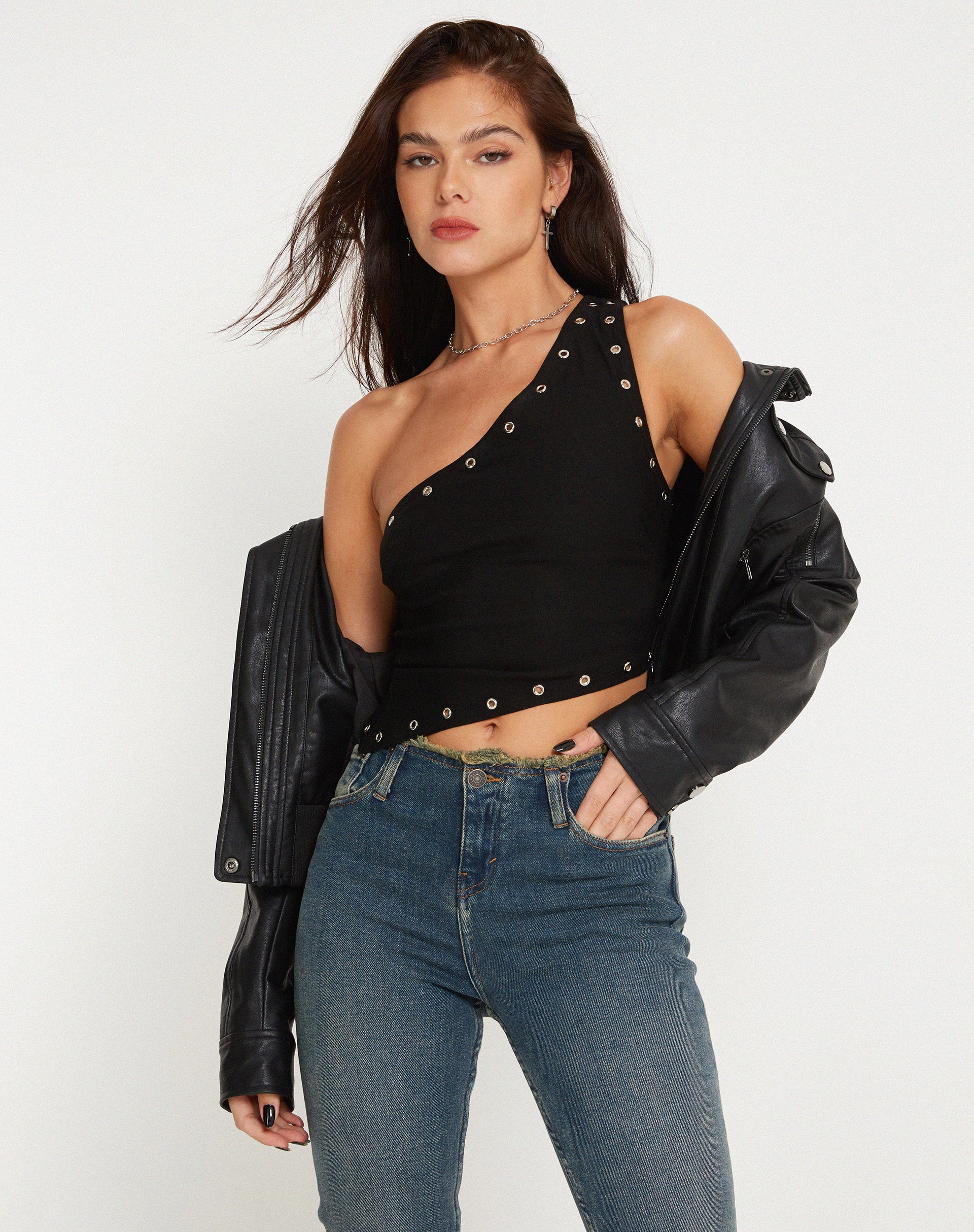 Soyuna Asymmetric Crop Top in Black with Eyelet - Image 2