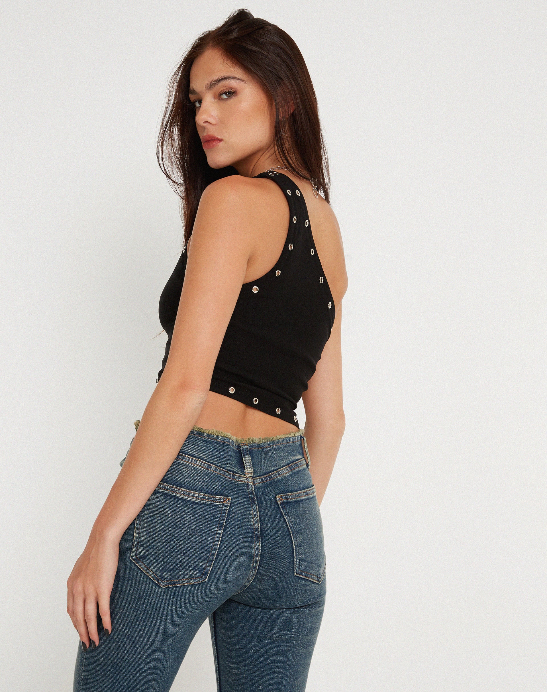 Soyuna Asymmetric Crop Top in Black with Eyelet - Image 3