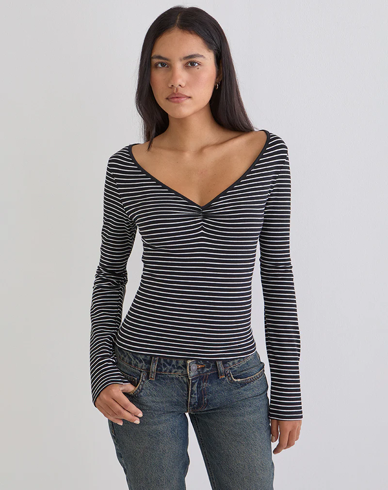 Subita Long Sleeve Top in Stripe Jersey Black and White - Image 2