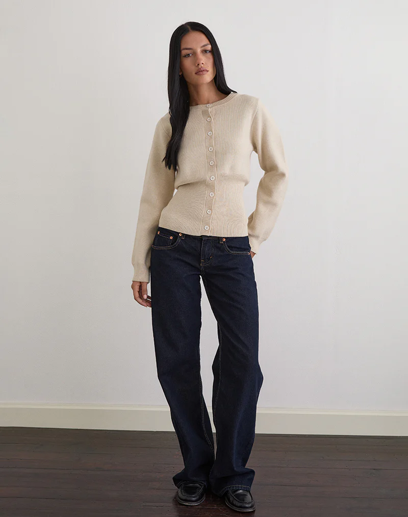 Subra Long Sleeve Ribbed Hem Cardigan in Ivory - Image 2
