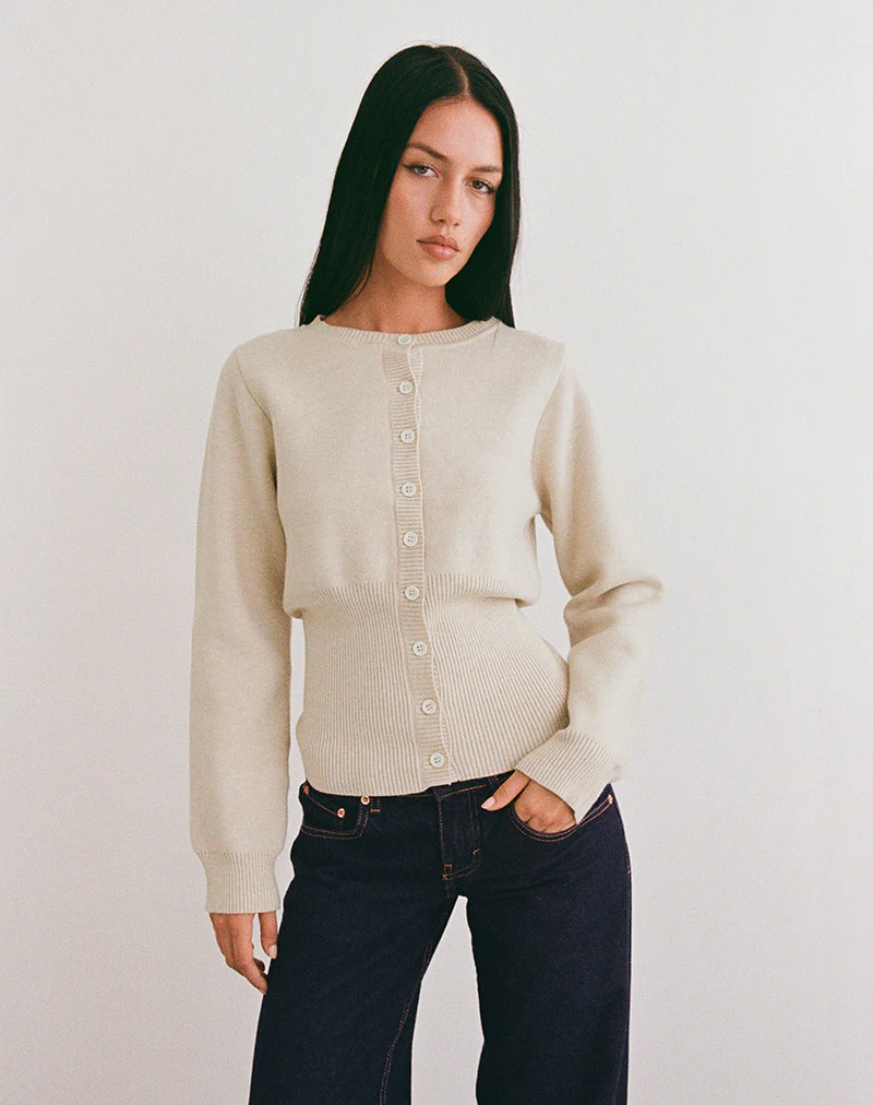 Subra Long Sleeve Ribbed Hem Cardigan in Ivory - Image 3