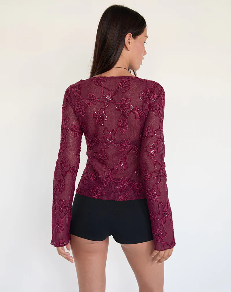 Sukita Cardigan in Sequin Knit Burgundy - Image 4