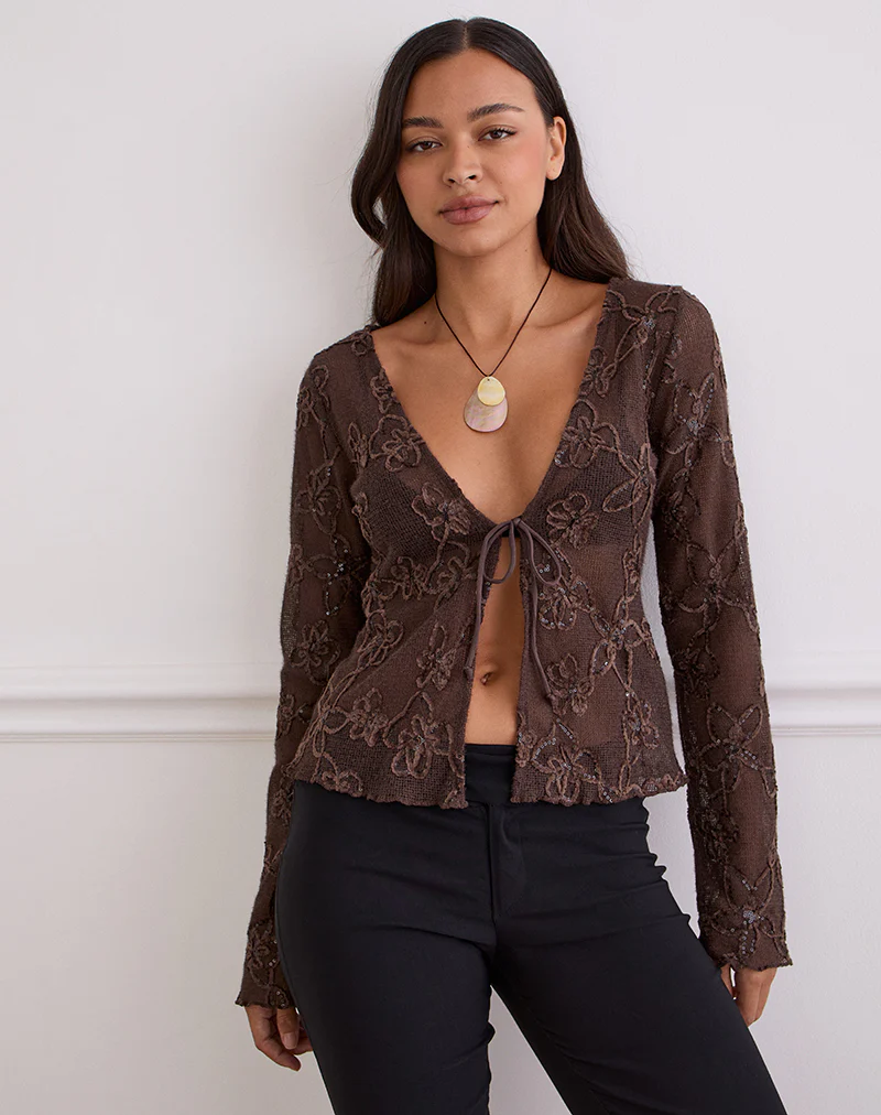 Sukita Cardigan in Sequin Knit Dark Brown - Image 3