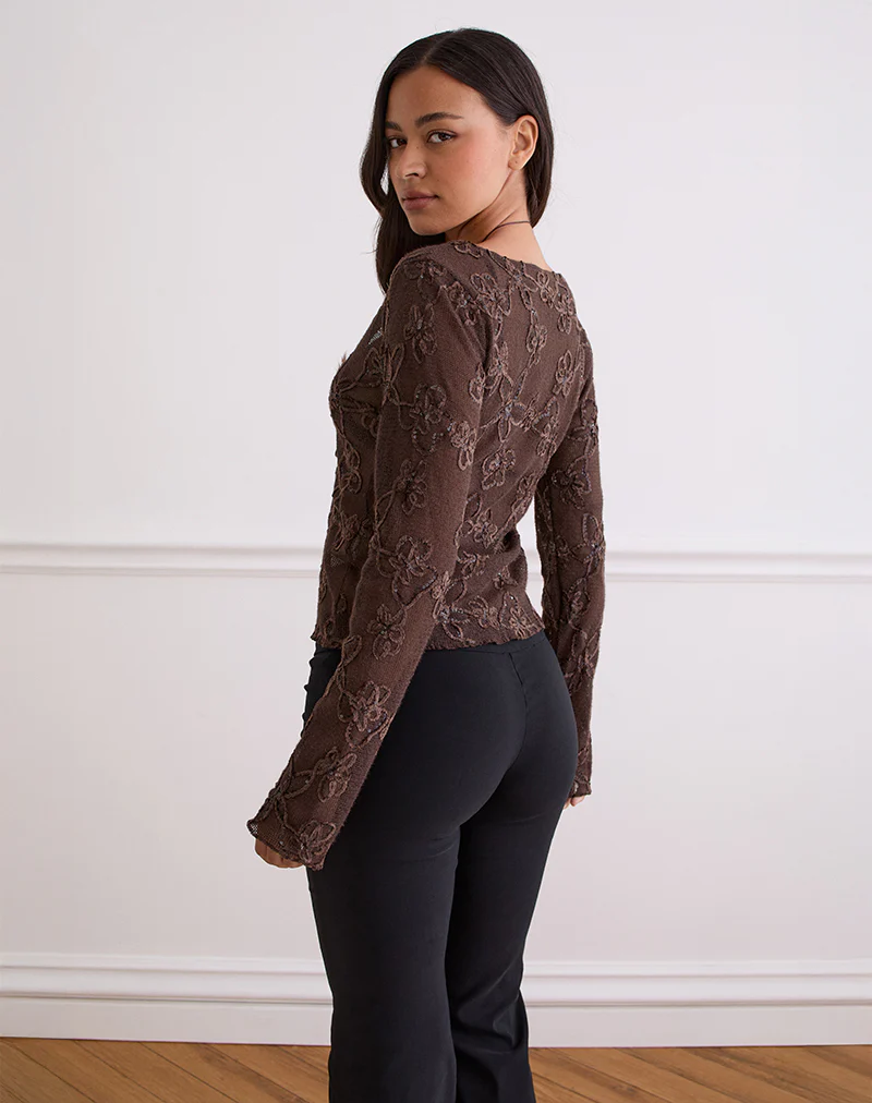 Sukita Cardigan in Sequin Knit Dark Brown - Image 4