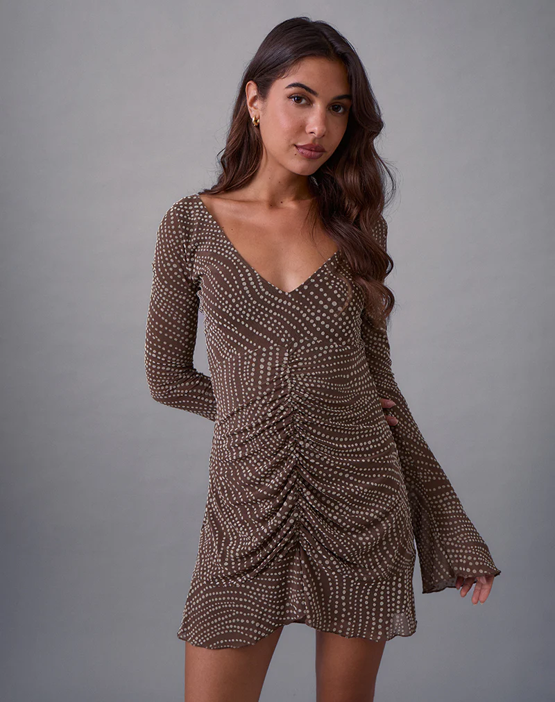 Sumiko Mini Dress in Abstract Polka Flock Brown - Image 2