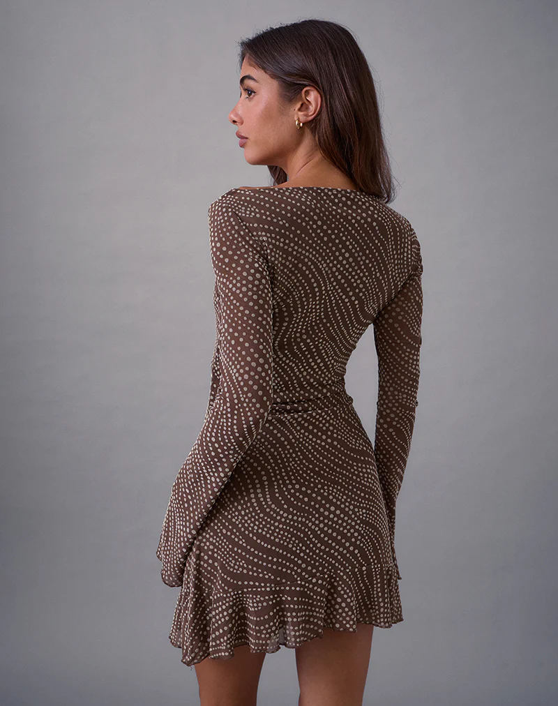 Sumiko Mini Dress in Abstract Polka Flock Brown - Image 4