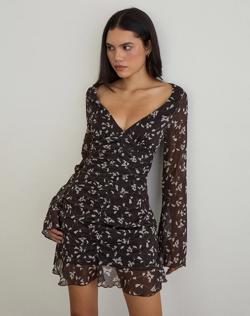 Sumiko Mini Dress in Flower Chiffon Brown - Image 3