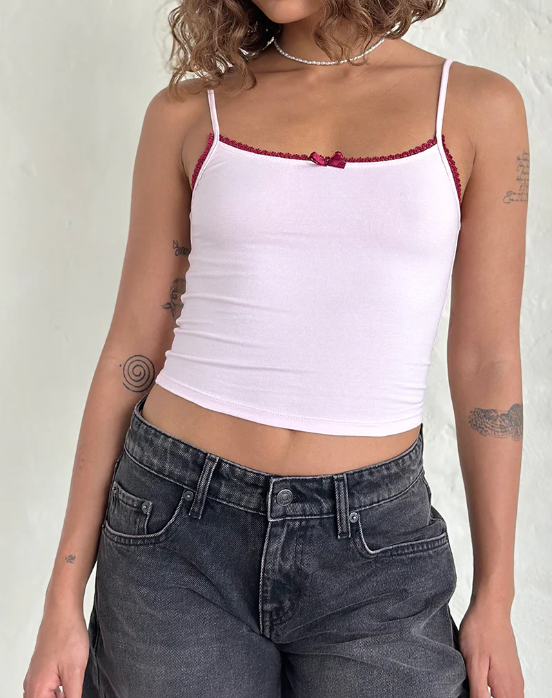 Suna Vest Top in Light Pink with Burgundy Trim - Image 4